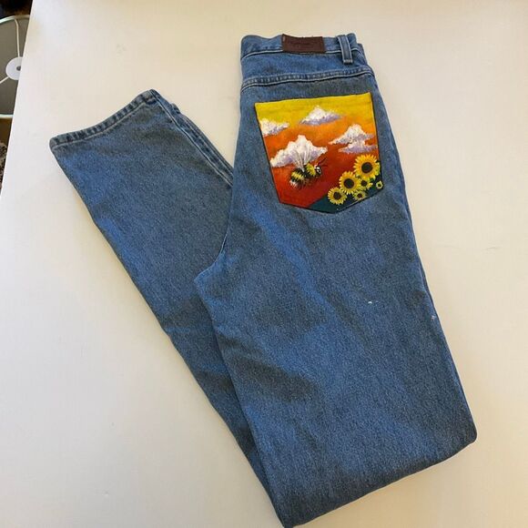 Upcycled LL Bean Straight Leg Jeans 5 Pocket, sun and bee painted on pockets! Si - Picture 2 of 16